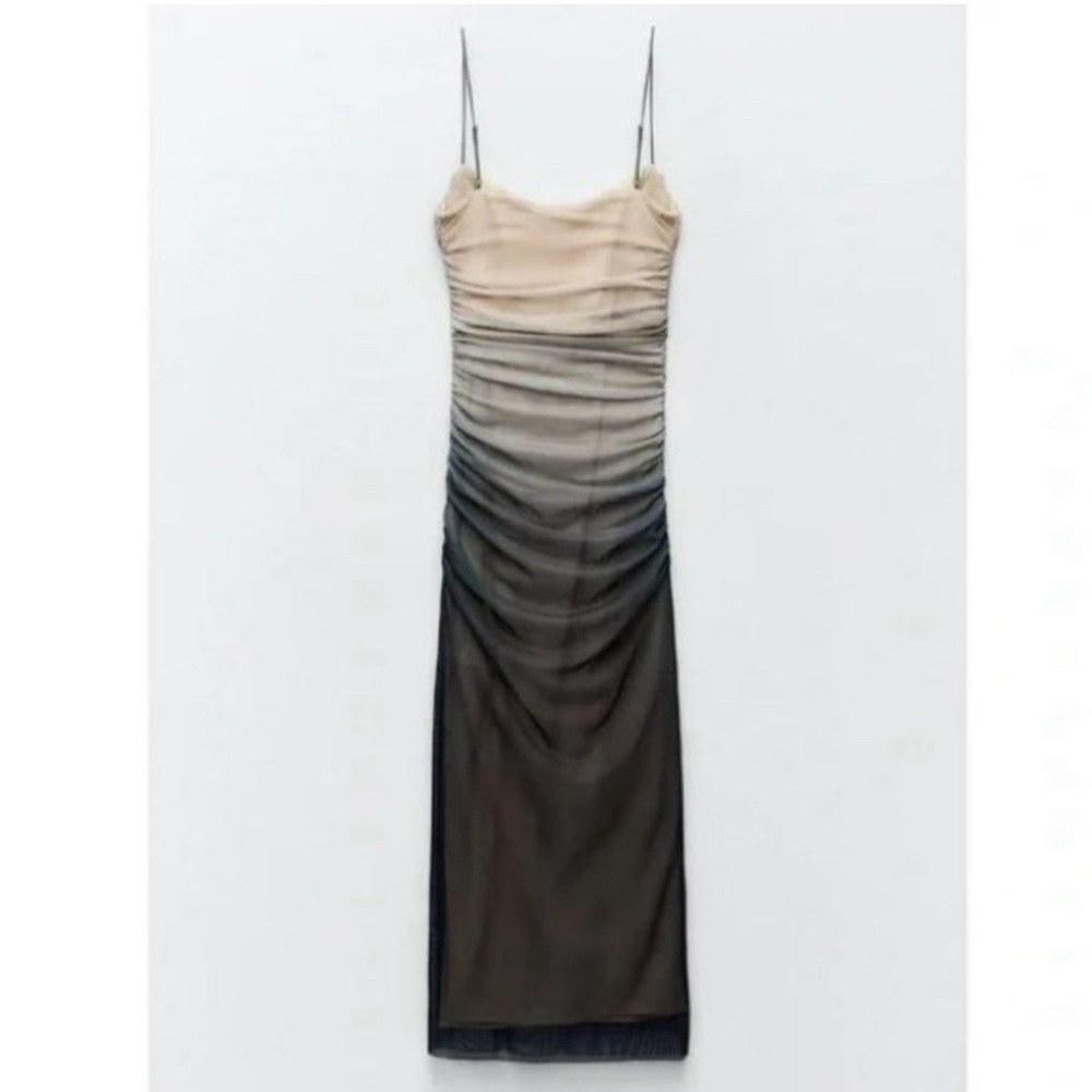 Cream and Gold Ombre Ruched Maxi Slip Dress